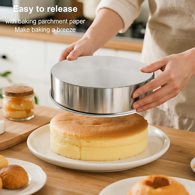 8 Inch Cake Pan, 3PCS Stainless Steel Baking Pans with 100 Parchment Paper | Nonstick Round Cake Pans for Layer Cakes, Cake Tins for Birthday Christmas, Healthy & Non-Toxic, Easy Clean & Dishwasher Safe