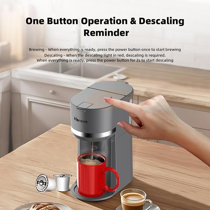 Horavie Mini Single Serve Coffee Maker for K Cup Pods and Grounds, Fast Brew One Cup Coffee Machine with Descaling Reminder and Water Window, 6 to 12 oz. Brew Sizes, Gray