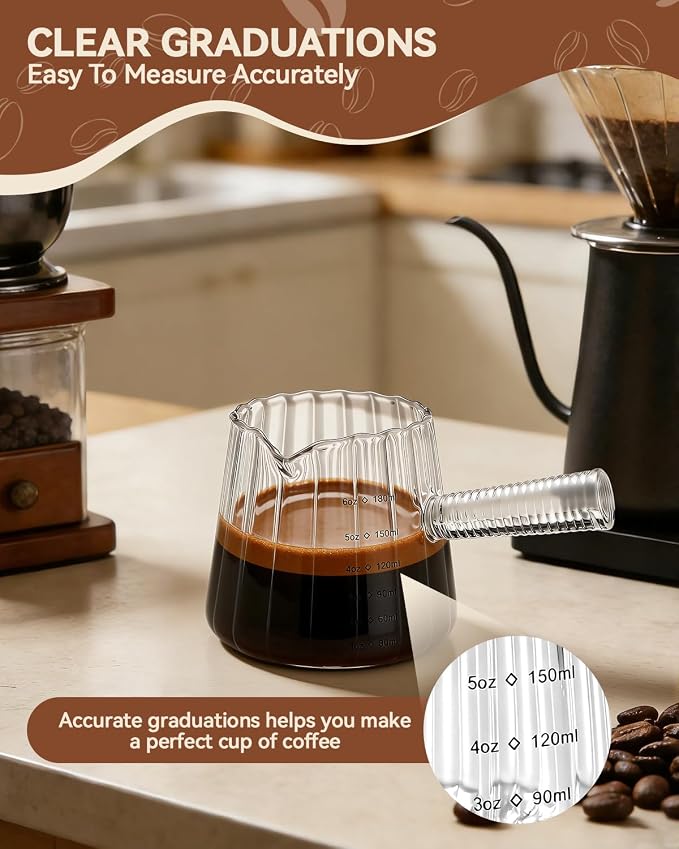 2 PCS Espresso Measuring Cup 6 Oz, Espresso Glass Cups with Glass Handle, Milk Frothing Cup, Espresso Cup for Coffee, Milk, Tea or Maple Syrup Serving (Pure Transparent Color)