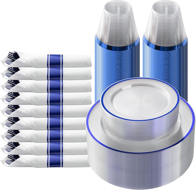 175 Pcs Clear Blue Plastic Plates Disposable for Party 25 Guests | Party Supplies Include: 25 Dinner Plates, 25 Dessert Plates, 25 Pre Rolled Napkins with Cutlery Set, 25 Cups for Graduation