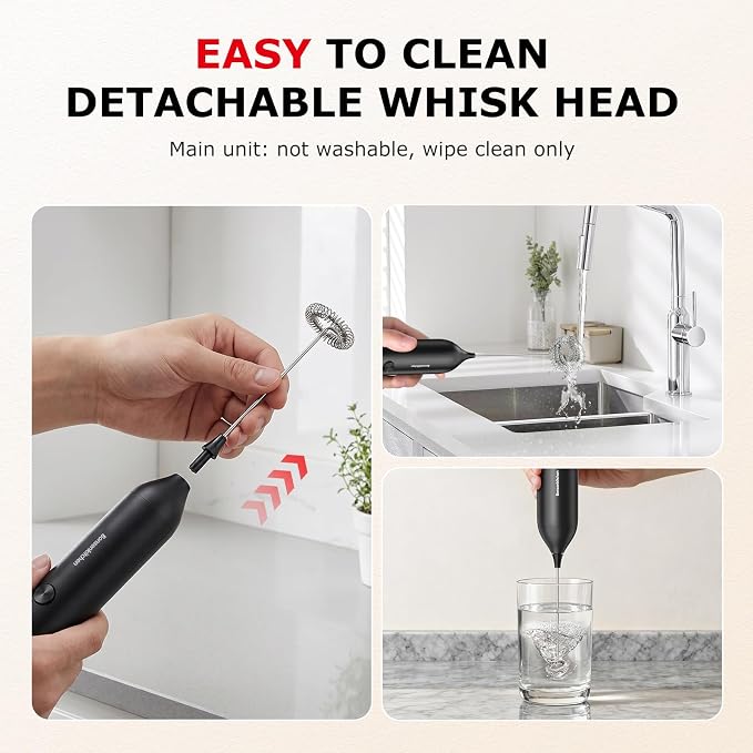 Bonsenkitchen Rechargeable Milk Frother Handheld, Charging USB-C | Electric Foam Maker with Stainless Steel Whisk, Portable Hand Wand Drink Mixer for Coffee Matcha Lattes Cappuccino