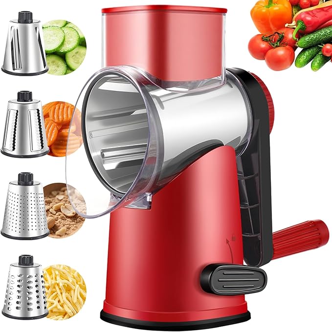 Weltonhm 4 in 1 Large Rotary Cheese Grater Hand Crank (Red black 4 Graters) | Cheese Shredder Rotary and Slicer with 4 Stainless Steel Blades for Vegetables, Veggie and Cheese, Stronger Suction Base