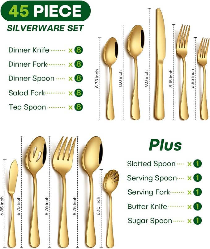 PHILIPALA 45 Piece Gold Silverware Set with Serving Utensils, Stainless Steel Flatware Set for 8 Food Grade Novelty Cutlery Utensil Set Include Knife Fork Spoon Mirror Polished Dishwasher Safe