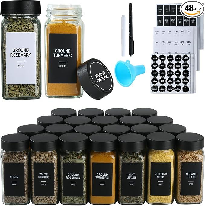 48 Glass Spice Jars with Labels, 4oz Spice Containers with Airtight Lids | Black Square Seasoning Containers with Shaker Lids, Empty Spice Bottles for Rack, Kitchen Drawer, 492 Labels, 1 Funnel