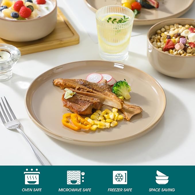 vancasso PLAYA Plates and Bowls Sets,12 Pieces Brown Dinnerware Sets for Kitchen, Reactive Glaze Dishes Set for 4, Dishwasher and Microwave Safe