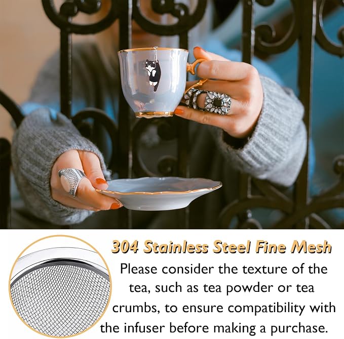 Cat Tea Infuser Set - Enhance Your Tea Experience with Premium Loose Leaf Tea Strainers and Balls, 2 PCS Gold-Plated Cute Cat Charm Pendant Tea Steeper, Stainless Steel Mesh Tea Diffuser