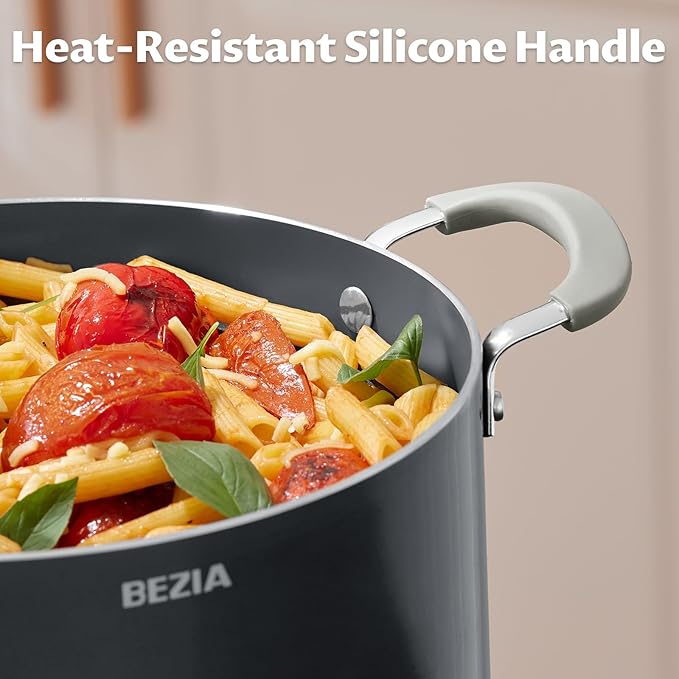 BEZIA 8QT Non Stick Stock Pot with Lid, Ceramic Induction Cooking Pot | Stay-Cool Silicone Handles, Oven Safe & Easy Cleanup, for All Stovetops, for Whole Chicken Soup, Weekend Meal Prep, Blanching