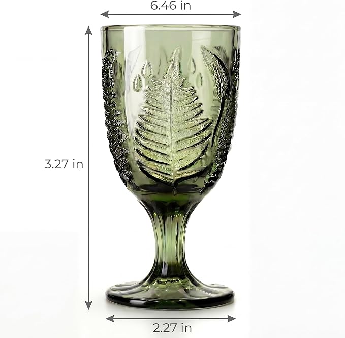 Green Glass Goblets Set of 4, Colored Wine Glasses, Vintage Fern Glassware | Hand-Pressed, Dishwasher Safe, Boho Leaf-Textured Drinkware, Embossed Stemware for Water, Cocktails, Retro Style Kitchen Gift