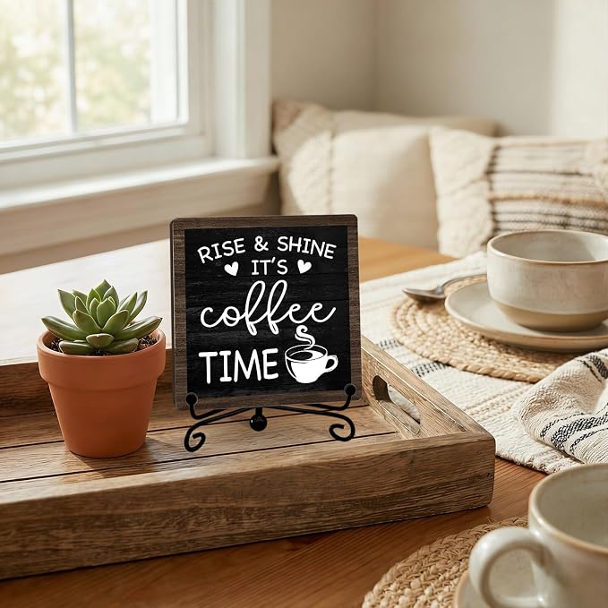 Rustic Coffee Bar Decor, 5"x5" Coffee Bar Sign | Rise & Shine It's Coffee Time Wood Plaque with Stand | Minimalism Gift for Home Kitchen Tabletop Desk - A05