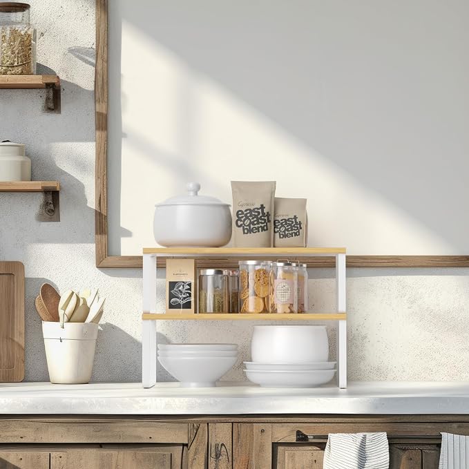 NEX Kitchen Cabinet and Counter Shelf Organizer, Stackable & Expandable, Set of 4, White and Natural - 7.7 x 15.6 x 6.2'' | Stackable Expandable Spice Rack, Space-Saving Pantry Organizers Bathroom Countertop Storage, White and Natural