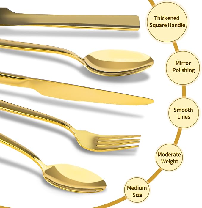 Gold Silverware Set for 8, 40 Pieces Flatware Set Stainless Steel | Luxury Steak Knife Fork and Spoon Set, Square Handles, Mirror Polished, for Home Kitchen Restaurant Weddings