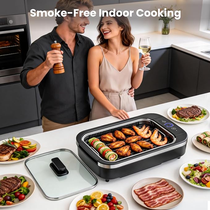 Electactic Electric Smokeless Indoor Grill & Griddle, Nonstick Contact Grill, Dishwasher Safe Parts, 6-Level Temperature Control with Auto Shut-Off, for Kitchen, Apartment, Indoor Cooking