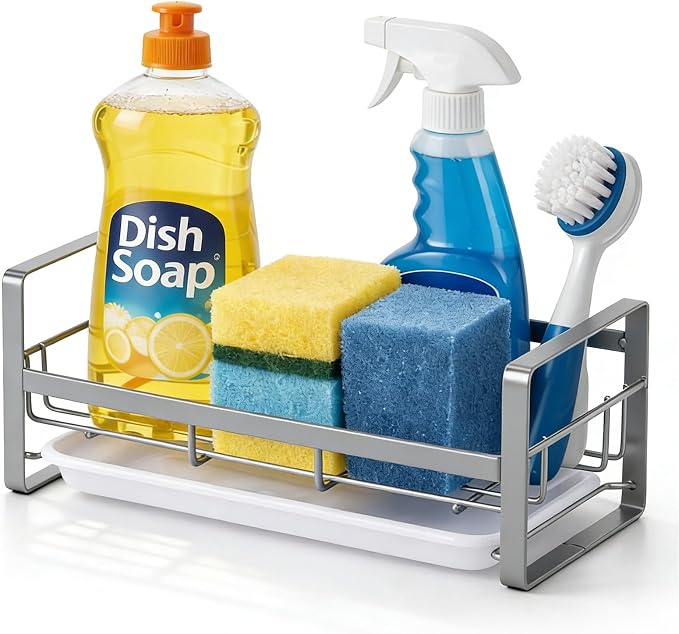 HULISEN Large Kitchen Sponge Holder, 304 Stainless Steel Sink Caddy, Grey | Removable Drain Tray, Holds Sponges Soap Bottles Brushes, Countertop Storage, No Dispenser or Brush