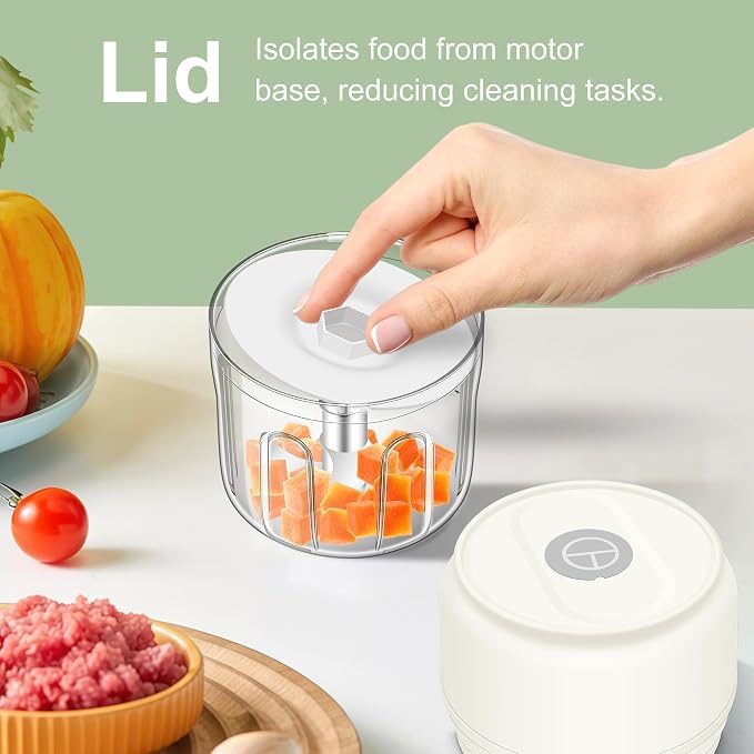 250ML Mini Electric Garlic Chopper, Garlic Mincer Grinder Masher (1 Cup) | USB Wireless Garlic Press, Small Food Processor Blender for Vegetable Ginger Chili, White
