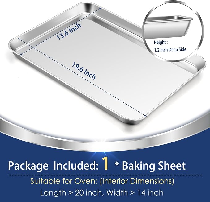 P&P CHEF Baking Sheet Pan, Stainless Steel Cookie Sheet, 19.6 Inch & 1 Pcs | Oven Tray Sheet Pan for Baking & Serving, Baking Tray for Multi Uses, Heavy Duty & Non-toxic, Rust Free & Dishwasher Safe
