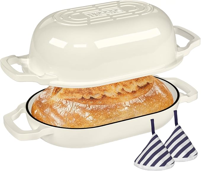 Wildone Enameled Cast Iron Dutch Oven Pot with Lid, Oval Bread Oven | Loaf Cast Iron Bread Pan for Homemade Bread Baking, Meatloaf Pan with Lid, 5.5QT, Cream White