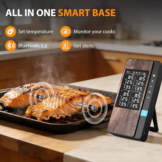 Wireless Meat Thermometer Digital, 4 Probes Bluetooth Thermometer | Smart App & Standalone Display Base, NIST ±0.5°F, Instant Read LCD, BBQ Smoker Grill Oven, Brisket Steak Turkey Pork