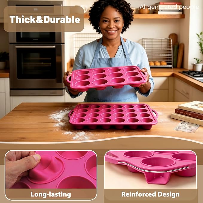 Silicone Mini Muffin Tin Set: 12 & 24 Small Cupcake Baking Tin with Frame | Easy Release - Complete Shaping Each Use Avoid Re-baking - BPA-free Muffin Trays Reinforced Frame for Oven Home Bakers Vnray