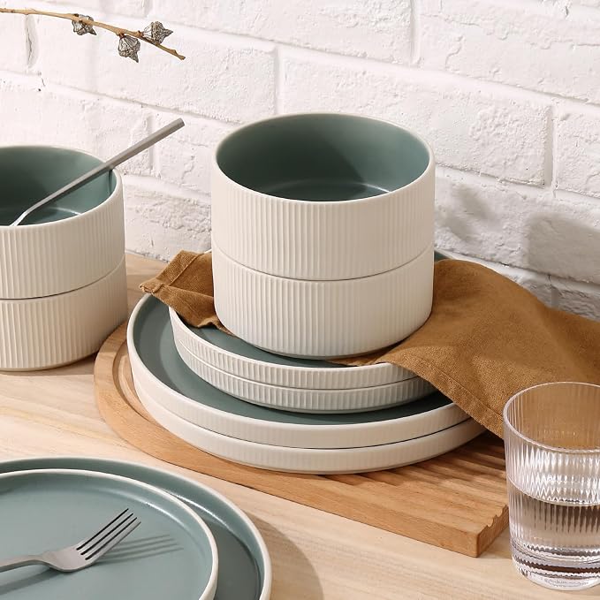 12PCS Ceramic Dinnerware Set for 4,Stoneware Plates and Bowls Sets | Reactive Glaze Dish Set,Scratch Resistant Tableware Set,Reactive Glaze,Microwave & Dishwasher Safe,White Cyan