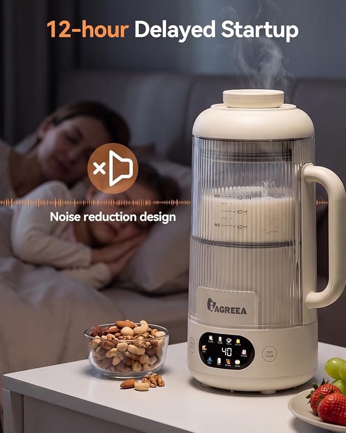 IAGREEA 35oz Glass Nut Milk Maker Machine, 10 in 1 Noise Reducing Soy Maker | 12H Delay, 6H Keep Warm, BPA-Free, Self-Cleaning, Soundproof Cover, 8 Blades, Almond/Oat Milk/Juice, Suitable For 4-5 People