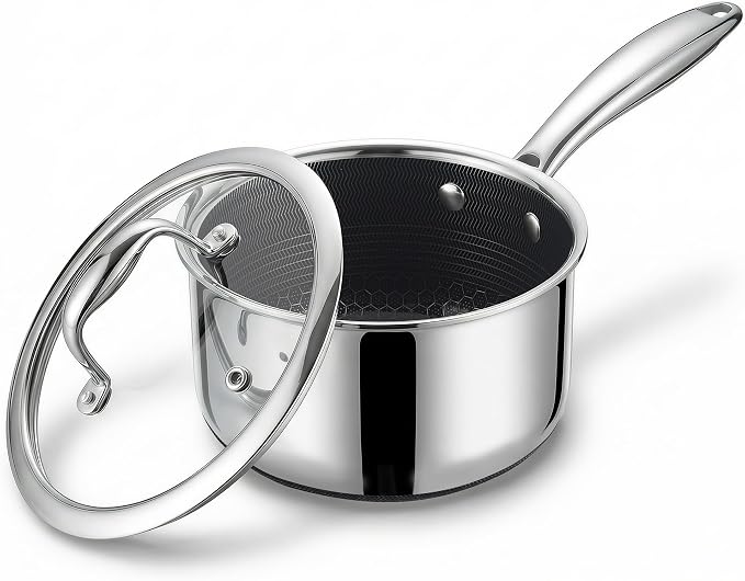 1-Quart Nonstick Saucepan with Lid, Tri-Ply Stainless Steel Pot with Stay-Cool Handle & All Cooktop Compatibility (Gas, Ceramic, Electric) - Non-Stick