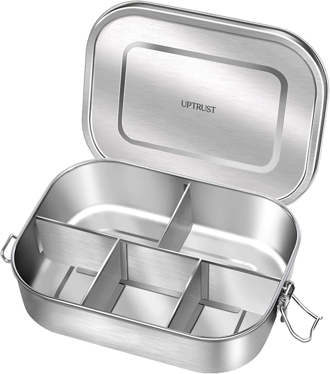 UPTRUST Stainless Steel Bento Lunch Box for Kids, 5-Compartment 1400ML | Metal container with leak-proof lockable clips, for kids and adults lunch, meal prep, or travel