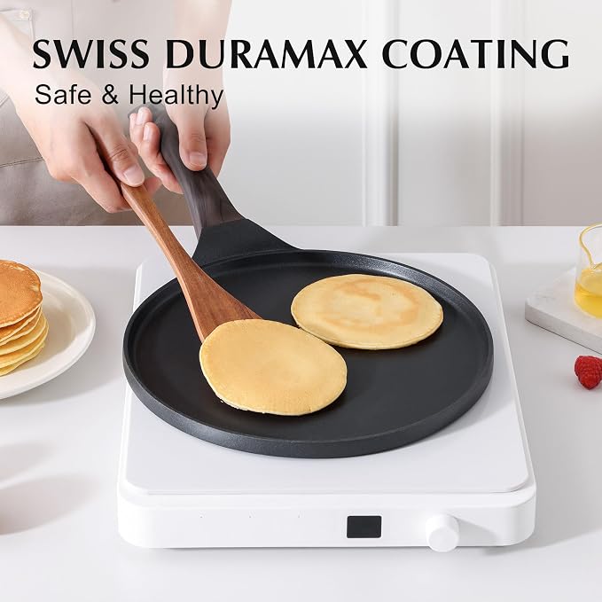 SENSARTE 10 Inch Nonstick Crepe Pan Granite Coating Pancake Pan Black | Swiss Granite Coating Dosa Pan Pancake Flat Skillet Tawa Griddle with Stay-Cool Handle, Induction Compatible