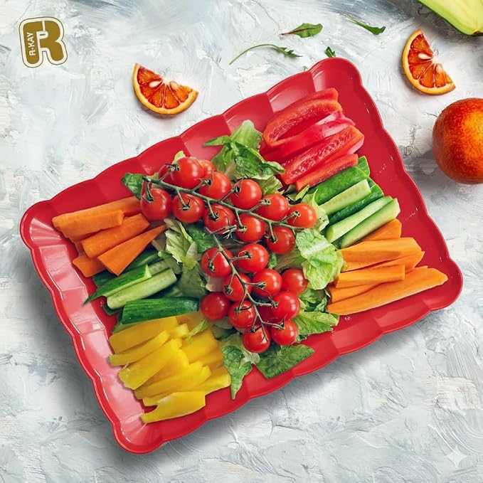 6 Pack Red Plastic Serving Trays for Party, 9 x 13 Inch - Heavy Duty Plastic Trays for Food - Rectangular Party Serving Trays and Platters - Red Disposable Trays