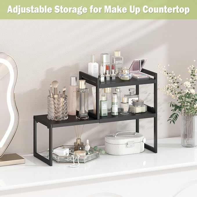 DOLALIKE Expandable kitchen Countertop Organizer, Stackable Cabinet Shelf Organizers, Space Saving Spice Rack Pantry Storage for Bathroom Office (Black, 1 Pack) | Space Saving Metal Pantry Storage Racks for Kitchen Spice Rack Pans and Untensils Bathroo...