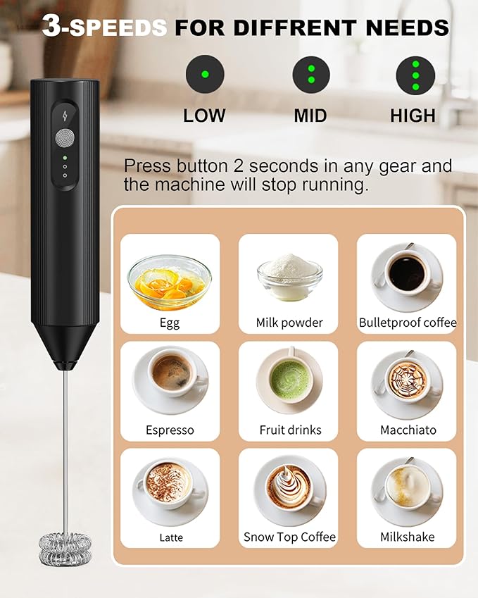 3-Speed Rechargeable Milk Frother Handheld, Black | Dual Coil Whisk, with Cover - Portable Frother for Coffee, Matcha, Cappuccino, Hot Chocolate & Protein Shakes