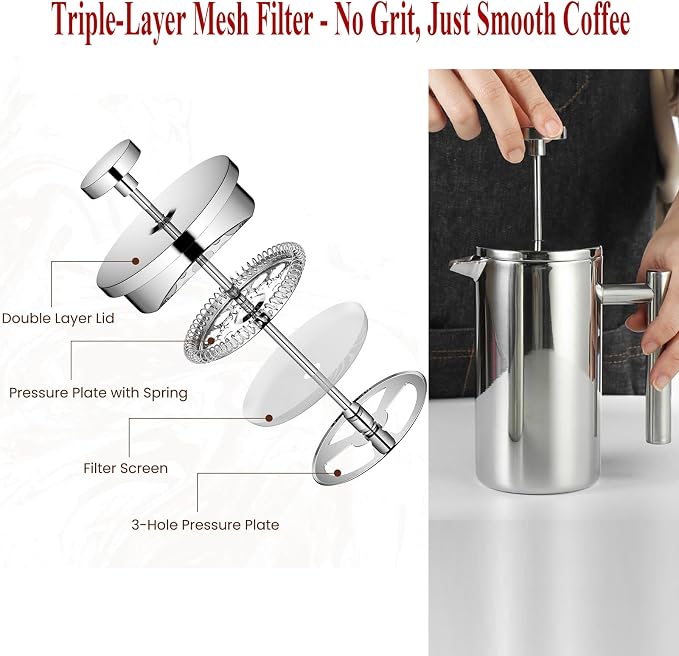 Stainless Steel French Press Coffee Maker - Portable Cafetiere 3 Cup Espresso Coffee Press - Double Wall Insulated, Triple Mesh Filter - Perfect for Home, Office, Camping & Travel (20 Oz)