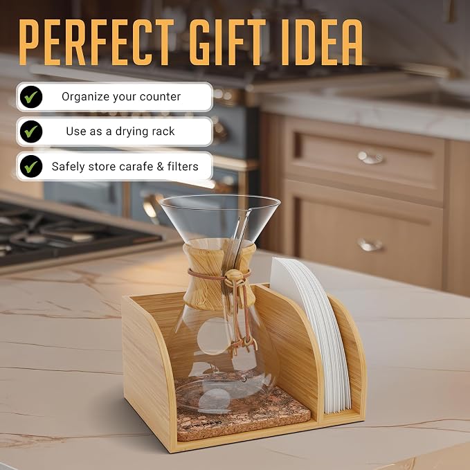 Pour Over Caddy for Chemex Bodum Cosori Coffee Makers Cork | Handmade Bamboo Stand, Filter Holder, Heatproof Mat for a Cleaner Coffee Station