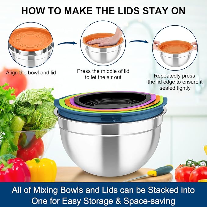 TeamFar Mixing Bowls with Lids, 5PCS Stainless Steel Metal Salad Bowl | with lids & 3 Grater Attachments, for Cooking/Prepping/Serving, Airtight Lids & Easy Clean - 0.7/1/1.5/2.6/4.6QT, Multi-Color