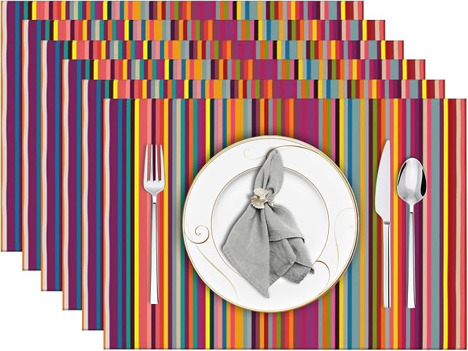 Bright Colorful Striped Placemats Set of 6, 12x18 Inch Rainbow Colored Geometric Pattern Table Mats for Holiday Party Kitchen Dining Room Decoration