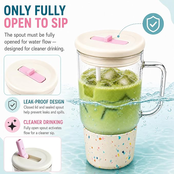 40oz Glass Tumbler with Flip Straw Lid, Handle, Silicone Sleeve, Beige | Leakproof Lid, Fits Car Cup Holder Glass for Iced Coffee, Water, Cold Drinks, Travel, Outdoor, Partys&Home