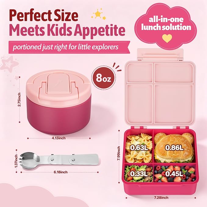 Bento Lunch Box Set for Kids with 8 oz Soup Thermo, Leakproof Hot Food Container with 4 Compartments, Insulated Food Jar for Toddler Daycare Boys Girls School - Pink