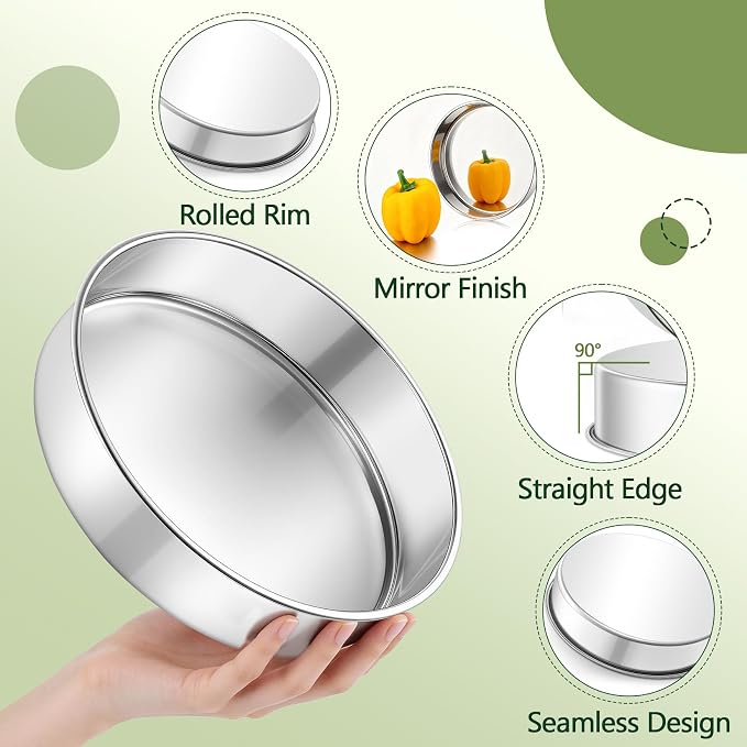 P&P CHEF 9 Inch Cake Pan Set of 4, Stainless Steel Round Cake Baking Pan | Layer Cake Tin Bakeware for Cooking Steaming, Ideal for Birthday Wedding Anniversary, Fit for Home & Commercial Use