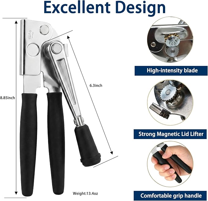 AORRZER® Can Opener Manual with Magnetic Lid Lifter,Can Openers for Seniors | High-Intensity Sharp Steel Blade, Bottle Opener, Comfortable Grip Handle, Kitchen Tools for Home and Commercial (Black)