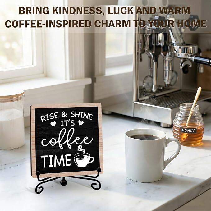 Rustic Coffee Bar Decor, 5"x5" Coffee Bar Sign | Rise & Shine It's Coffee Time Wood Plaque with Stand | Farmhouse Gift for Home Kitchen Tabletop Desk - A02