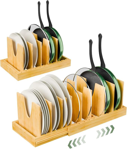 Simple Trending Bamboo Pot and Pan Organizer, Expandable Lid Holder Rack | 10 Adjustable U-Shaped Dividers, under Cabinet, for Kitchen Storage, Cookie Baking Pan, Cutting Boards, 25.35''D × 7.28''W