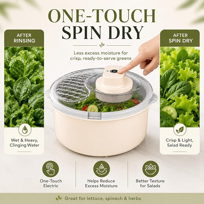 Electric Salad Spinner & Produce Washer, Fruit Washer Spinner Bowl for Lettuce, Berries & Veggies, Vegetable Dryer, Lettuce Spinner, Fruit Cleaner (Cream White)