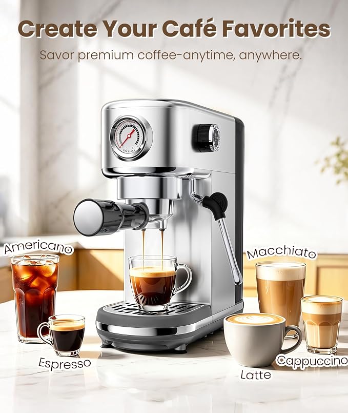 atatix Espresso Machine with Milk Frother, 20 Bar Pressure Espresso Maker | with 44OZ Removable Tank, Compact Stainless Steel Coffee Machine for Home, Office, Latte, Cappuccino, Macchiato, Silver