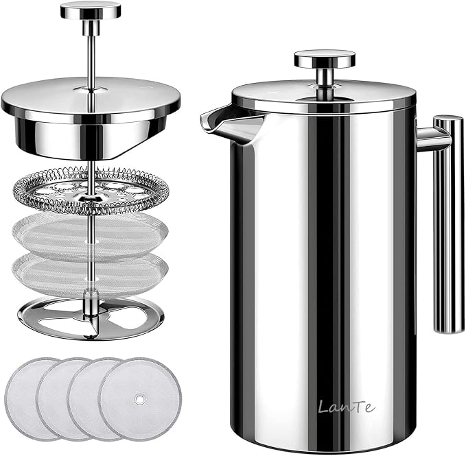LANTE French Press, 600ml Double Insulated 304 Stainless Steel Coffee Tea Maker 4 Level Filtration System, No Coffee Grounds, Rust-Free, Dishwasher Safe for Single Use