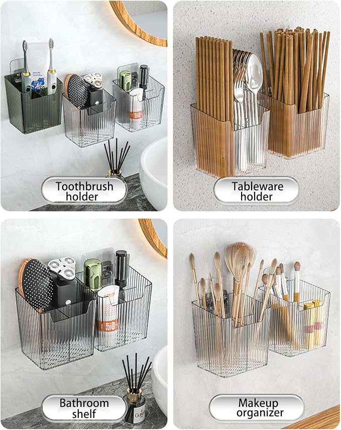 Lae Nuvole 2Pcs Storage Organizer Bins, Wall Mount Toothbrush Holder, Green | with Dividers & 4 Adhesive Pads, No Drill, Renter Friendly, BPA-Free PET; Fits Bathroom, Apartment, RVs, Cabinet/Pantry Door