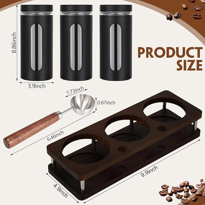 Stainless Steel Coffee Grounds Canisters Container with Shelf | 3 x 50oz, Sugar Coffee Bean Storage Container Set, Airtight Threaded Lid, Glass Window, Scoop, Kitchen Jar for Coffee Bar