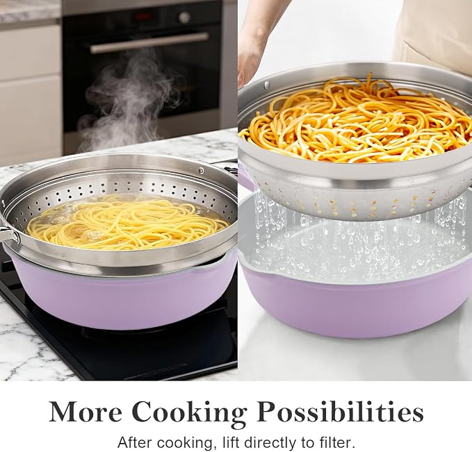 AIKENBBKK 12 Inch Nonstick Deep Frying Pan with Steamer, Ceramic Skillet with Lid, Steamer Pan for Cooking, 5 QT Non Stick Saute Pan with Detachable Handle, PTFE & PFAS-Free, Purple