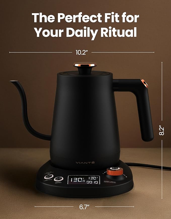 Viante Electric Gooseneck Kettle 0.8L, Pour Over Coffee & Tea, Temp Control | Boil-dry protection, keep-warm function, BPA-free stainless steel body. Includes #2 coffee filters