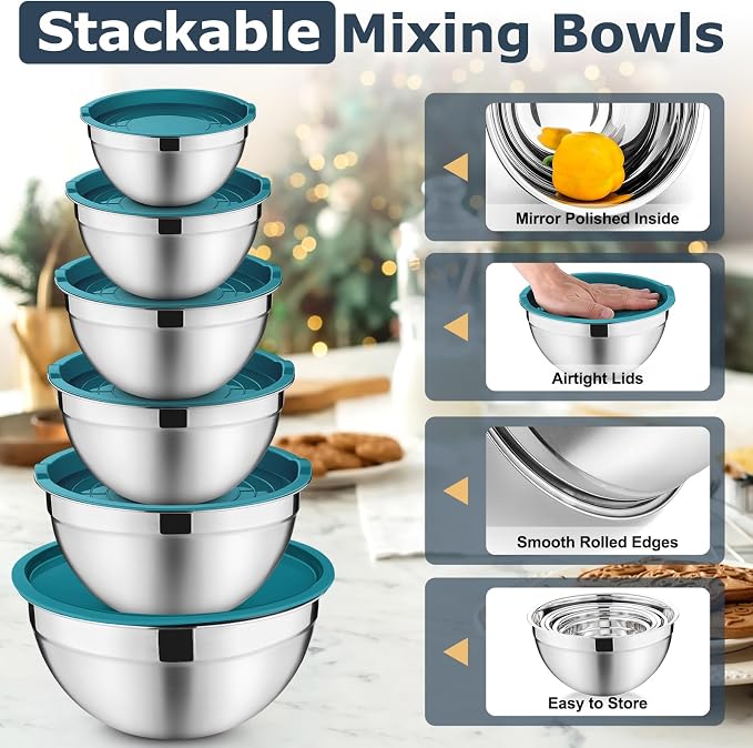 P&P CHEF Mixing Bowls with Lids Set of 6, Nesting Salad Bowl, Blue | Stainless Steel Bowl & 3 Grater Attachments & Plastic Lid, For Prepping Baking Storing, Sizes with 4.6/2.6/2/1.5/1/0.7 QT