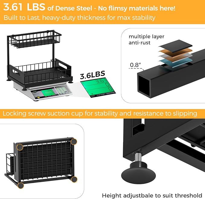 2-Pack L-Shaped Under Sink Organizer, 2-Tier Pull-out Cabinet Rack | Black Height-Adjustable Steel Rack, Sliding Grid Drawers with PP Liners, Holds 100 Lbs, Suction Base, Ideal Kitchen Storage