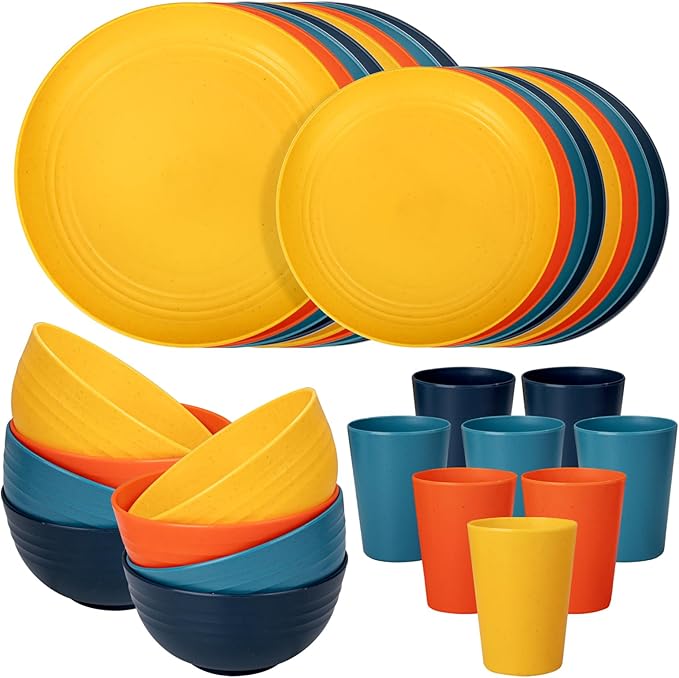 32-Piece Unbreakable Wheat Straw Dinnerware Set,Service for 8 | Premium multi-color wheat straw plates,bowls and cups set for family gatherings,rv camping,and everyday indoor-outdoor dining